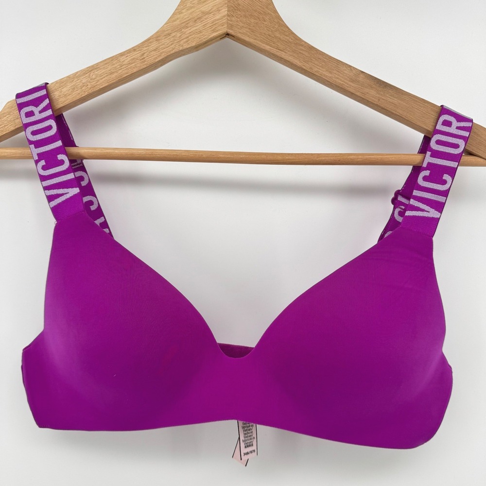 Victoria's Secret T-Shirt‎ Wireless Bra Womens 34B Purple Fuschia Logo Straps